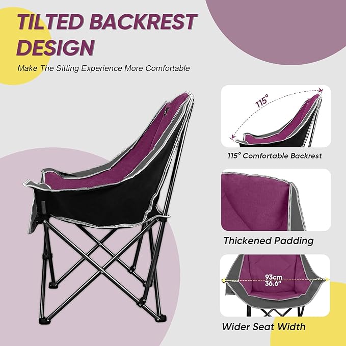 Northroad Oversized Foldable Camping Chair Outdoor Padded Lawn Chair w/Cup HolderCarry Bag for Beach Hiking and PicnicsHeavy-Duty 300-lbs Capacity Purple