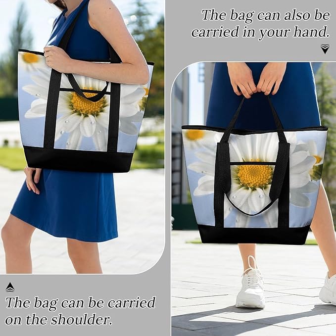 Insulated Shopping BagLarge Reusable Cooler Bags White Daisy Printed Foldable Shopping BagTravel Waterproof Shoulder Bag