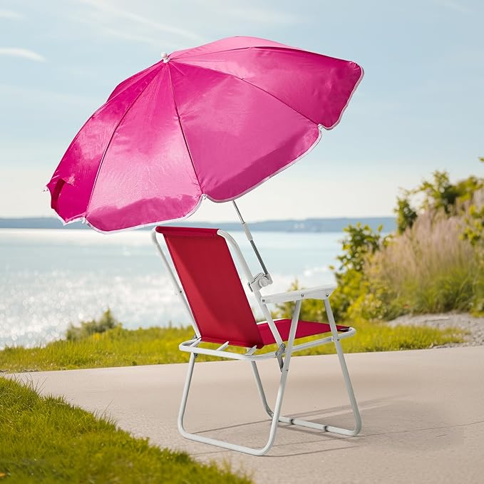 Folding Beach Chair with Umbrella – Portable Lightweight Lounge Chair for Adults with High Back &amp Heavy-Duty Frame UPF Sun Protection for Beach Camping Park Concerts (Pink)