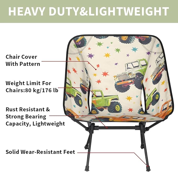 Honeybaby Folding Camping Chair Stars Trucks Camping Chairs Lightweight Portable Chair Outdoor Foldable Chairs for Camping Travel Picnic Beach Hiking