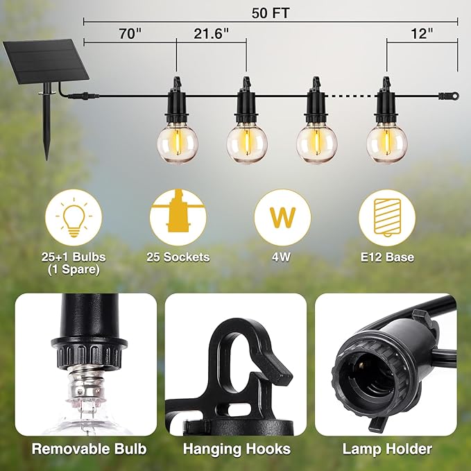 ZJOJO Solar Outdoor String Lights Waterproof 50FT G40 Globe Patio Lights String Lights Solar Powered with 25 Edison Bulbs 2700K Shatterproof Hanging Lights for Porch Backyard Pergola Bistro