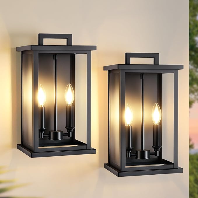 Large Outdoor Lights For HouseModern Exterior Lighting FixturesBlack Outdoor Wall Lantern Sconce2-Light Front Porch Garage Hallway Wall Mount Light With Thick Glass Shades Waterproof 2 Pack