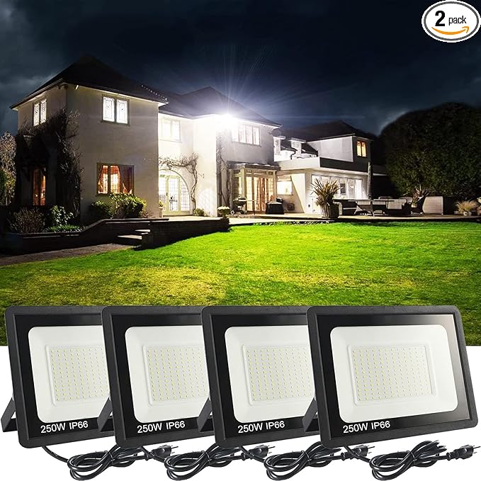 4Pack LED Flood Light Outdoor250W LED Work Light 25500lmwith 6FT US PlugIP66 Waterproof Exterior Security Lights6000K Daylight White Outside Floodlights Slim Design for Playground Yard