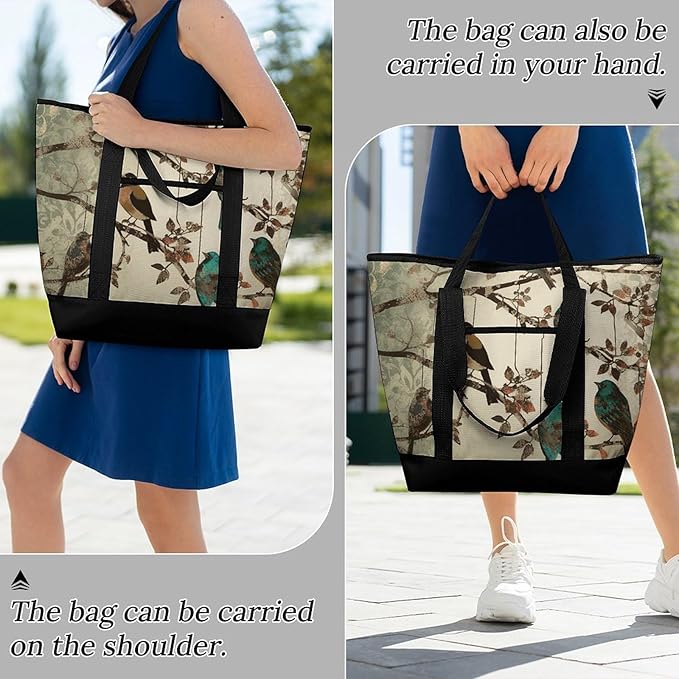 Insulated Shopping BagLarge Reusable Cooler Bags Birds on Branches Printed Foldable Shopping BagTravel Waterproof Shoulder Bag