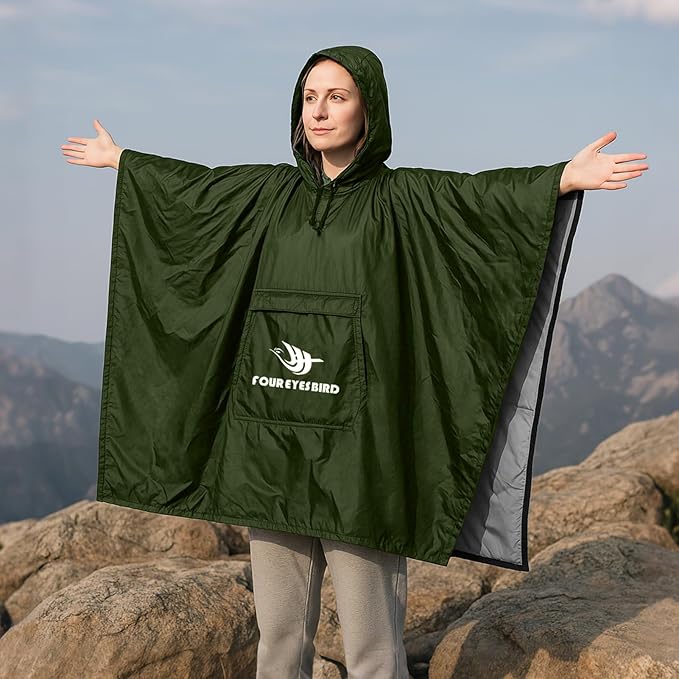 Wearable Hooded Poncho Sleeping Bag Water Resistant Windproof 2 in 1 Spring Poncho Blanket for Camping Hikes