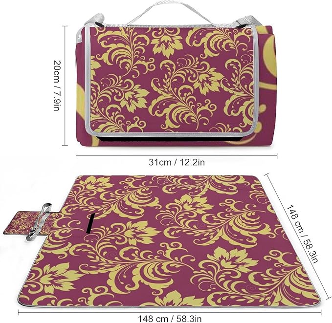 Vintage Victorian Damask Maroon Gold Floral Burgundy Antique Waterproof Outdoor Picnic Blanket Sandproof Beach Mat for Camping Hiking Grass Travelling