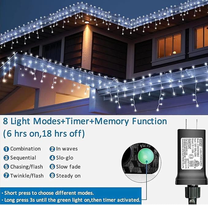 YEGUO 66ft 800 LED Icicle Lights Outdoor Waterproof 160 Drops Icicle Christmas Light Connectable 8 Modes White Icicle Xmas Lights with Timer Memory