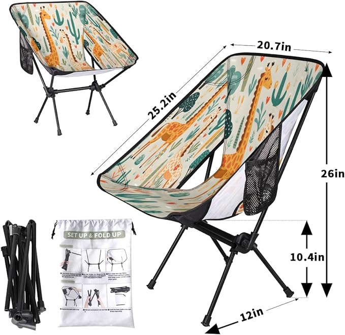 Animal Giraffe Flowers Camping Chair Lightweight Portable Chairs for Adults Easy Installation Outdoor Foldable Camping Chair for Camping Fishing Hiking Picnic Beach