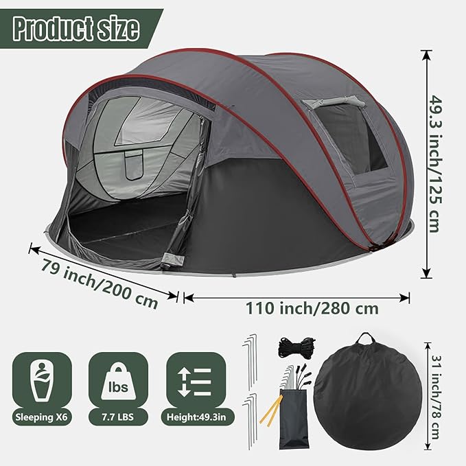 Instant Pop Up Camping Tent 4-6 Person TentsAutomatic Set Up Tent in 3 SecondsWaterproof Sunshade Family TentPortable Lightweight Dome Tent for Outdoor CampingHikingTravel &amp Beach