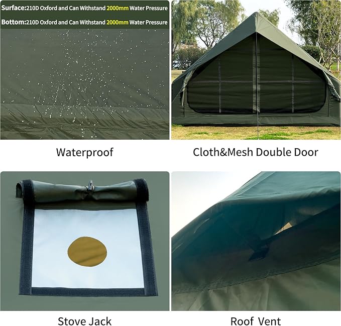 Inflatable Camping Tent with Hand Pump Waterproof Outdoor Blow up Tent Oxford 4 Season Air Tent Cabin House with Mesh Windows &amp Door 12sq/6sq Green