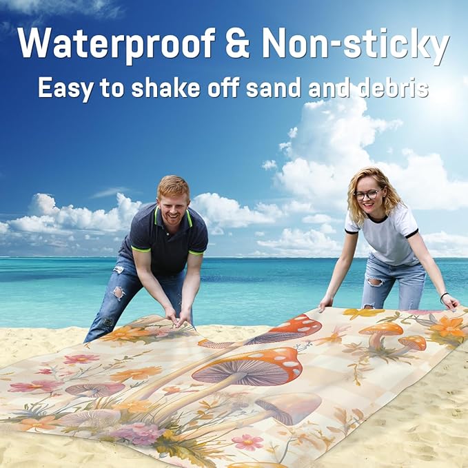 Waterproof Sandproof Beach Blanket 59''×68'' Mushrooms Decoration Polyester Outdoor Picnic Blanket with 4 Stakes &amp Storage Bag for BeachCampingVacation Beige