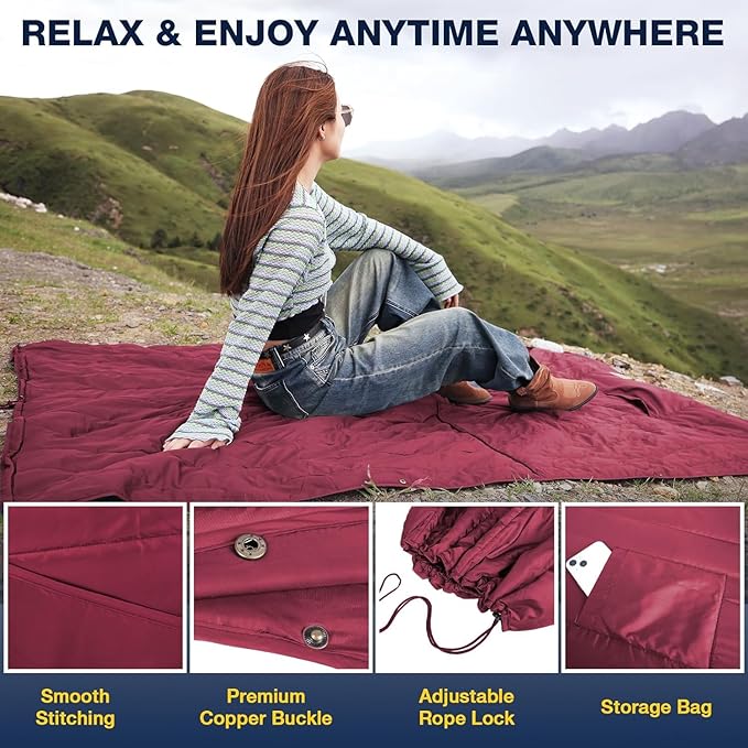 DUKUSEEK Outdoor Wearable Camping Blanket Large Packable Backpacking Hooded Stadium Blankets Lightweight Warm Quilt for Picnic Hiking Football 79X56 Wine Red