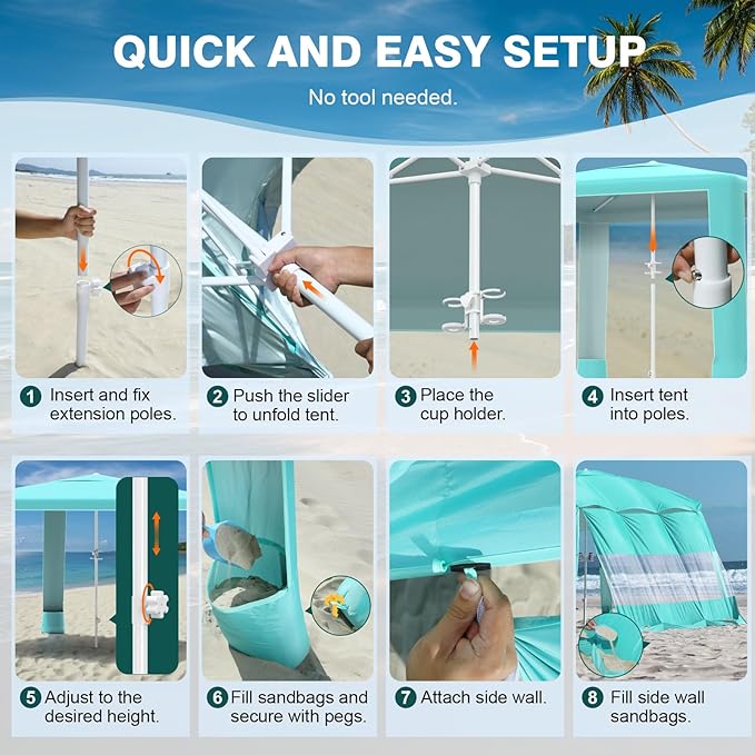 Rhino Valley Beach Cabana 8 * 8FT Beach Shade Canopy Tent UPF50+ Protection Easy Setup Wind Resistant with Cup Holder Portable Foldable Beach Tent Sun Shelter for Whole Family Turquoise Green