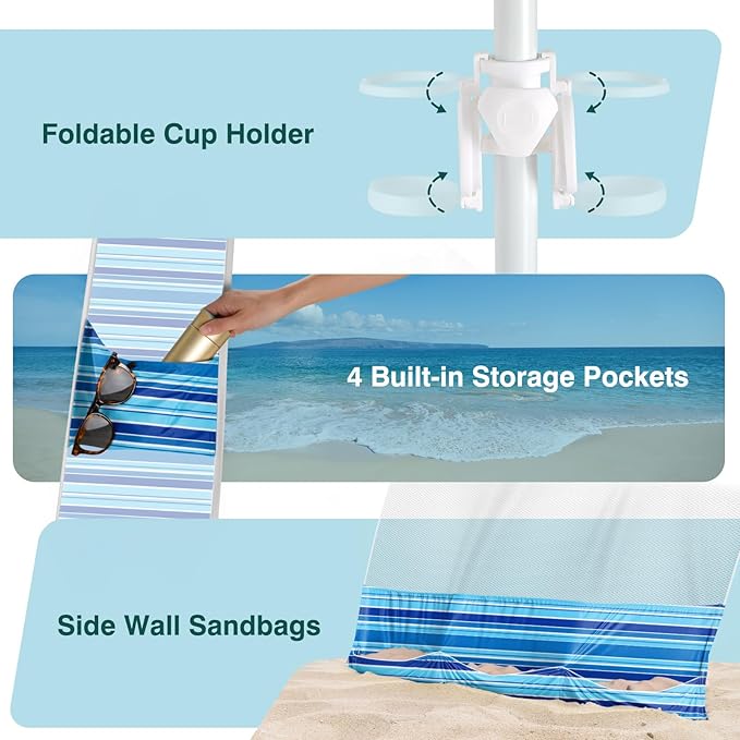 Rhino Valley Beach Cabana 8 * 8FT Beach Tent UPF50+ Protection Easy Setup Beach Canopy Wind Resistant with Cup Holder Compact Beach Shade Foldable Beach Tent Sun Shelter Blue Four Stripes