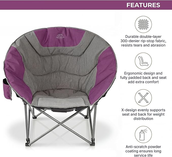 Oversized Portable Moon Camping ChairsRound Folding Lawn Chair w/Cup HolderOutdoor Heavy Duty Supports 500Lbs Comfy ChairPerfect for Family CampHikingPicnics and Beach TripsPurple