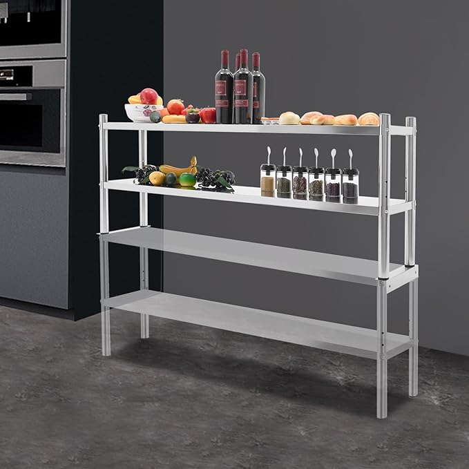 Stainless Steel Double Tier Overshelf 12 * 60in Commercial Heavy Duty Shelving Height Adjustable Shelf Storage for Prep &amp Work Table in Restaurant Home and Kitchen (12 * 60in)