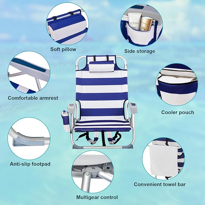 Portable Beach Chair with Backpack Straps Blue and White Striped Aluminum Frame 100kg Capacity