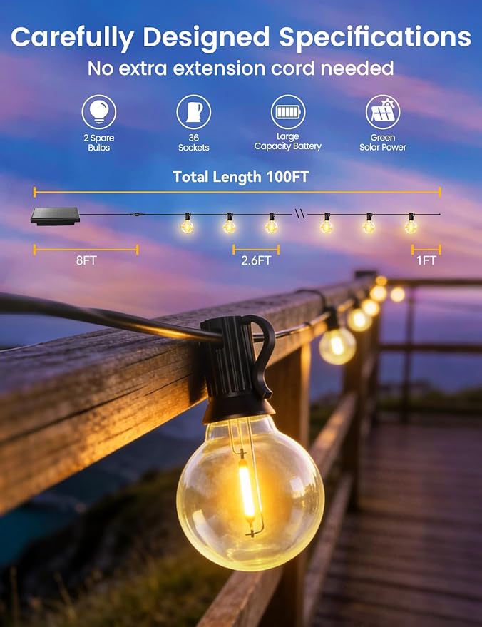 Brightever 100FT Solar String Lights Outdoor with Remote and 36+2 LED Shatterproof G40 Bulbs Dimmable &amp Timable 3 Lighting Modes Waterproof Solar Power Outdoor Lights for Patio Garden Wedding
