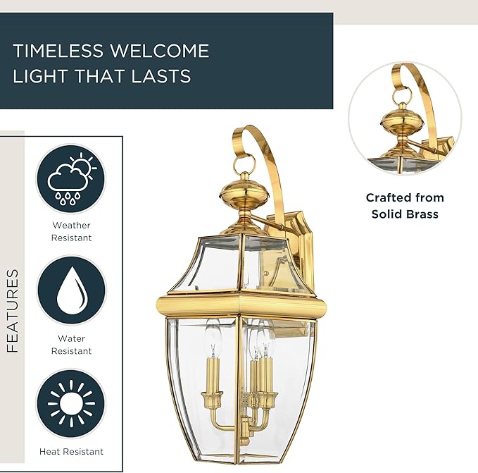Quoizel Newbury Outdoor Wall Lantern 23 Inch 3-Light Polished Brass Wall Sconce French Country Exterior Wall Lantern Fixture E12 Base Clear Glass Outside Lights for Patio Porch Garage or Yard