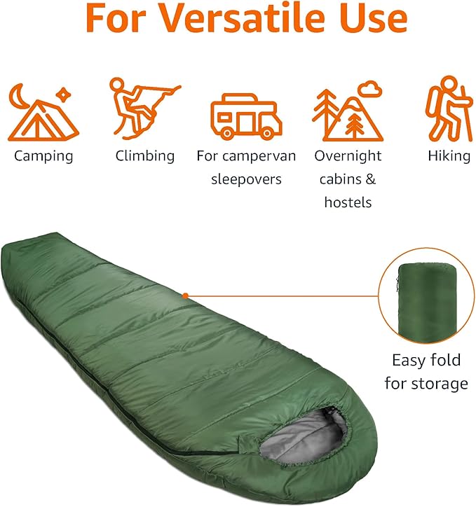 Amazon Basics 20°F Cold Weather Mummy Sleeping Bag for Hiking Outdoor Camping with No-Snag Zipper Portable 82 x 33 Olive Green