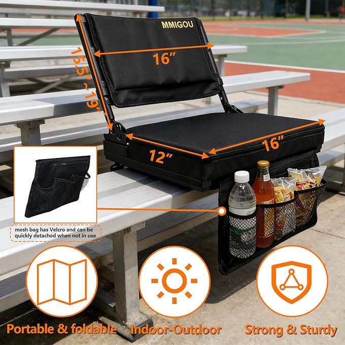 Heated Portable Stadium Chair with Back Support and Cushion Wide Padded Bleacher Seat - Foldable Comfort for Sporting Events Concerts and Outdoor Games