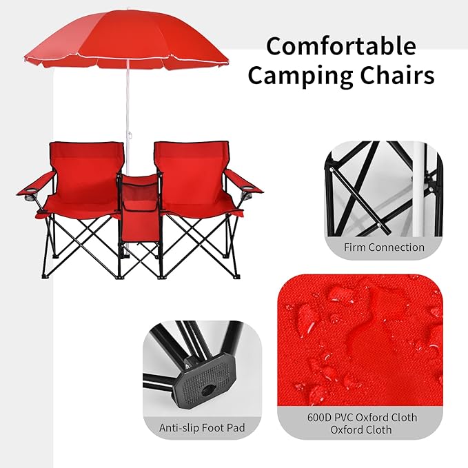 Goplus Double Camping Chair with Umbrella Folding Loveseat Chairs w/Canopy Shade Carrying Bag Table Cup Holder Portable Beach Chairs Outdoor Picnic Patio (Red)
