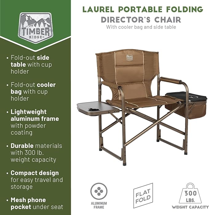 TIMBER RIDGE Folding Camping Chair with Cooler Bag Director Chair Foldable with Side Table for Adults Camp Chairs for Outdoor Lawn Sports Fishing Heavy Duty Supports 300lbs Earth Brown