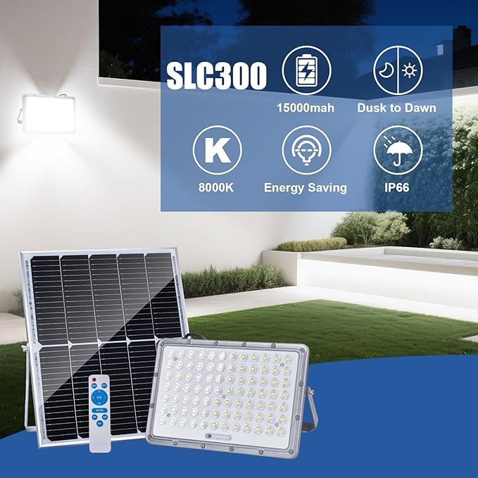 300W LED Solar Flood Lights 15000mah 8000K Street Flood Light Outdoor IP66 Waterproof with Remote Control Security Lighting for Parking Lot Yard Garden Swimming Pool Pathway