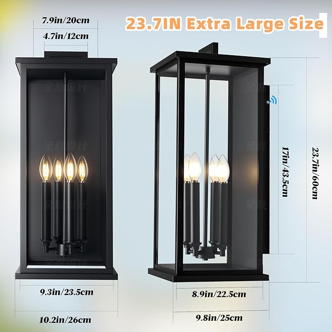 Dusk To Dawn Extra Large Outdoor Wall Lantern-4 LightOutdoor Wall Light Fixtures For Patio PorchBlack Exterior Wall SconceWaterproof Outside Garage LightsE12 Base1 Pack24H*10.2L*9.8W