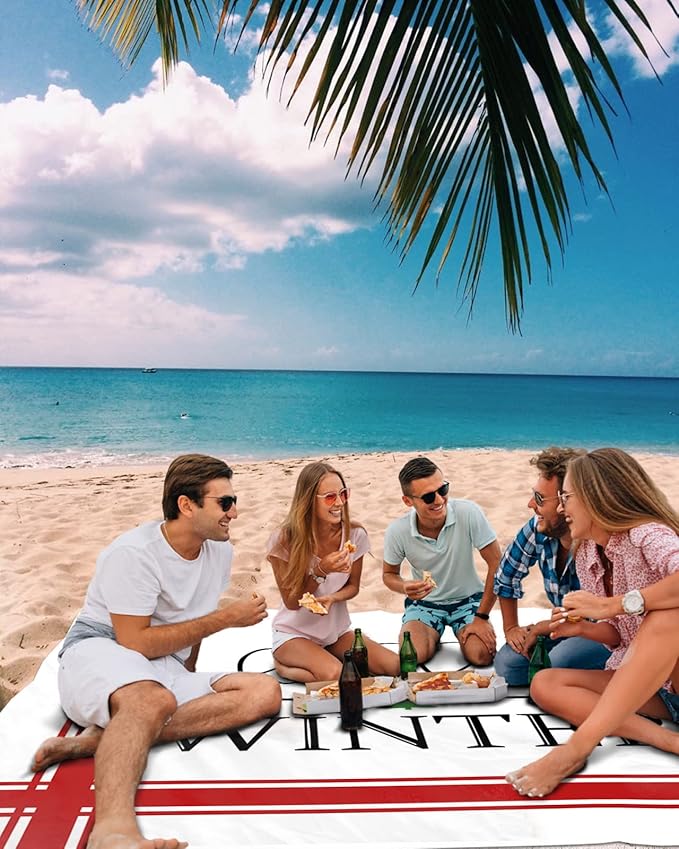 Beach Blanket Waterproof Sandproof OversizedChristmas Simple Red Stripe on White Beach Mat with Corner Stakes Sand PocketsHello Winter Quote Outdoor Picnic Mat for Travel Camping Hiking 95x80In