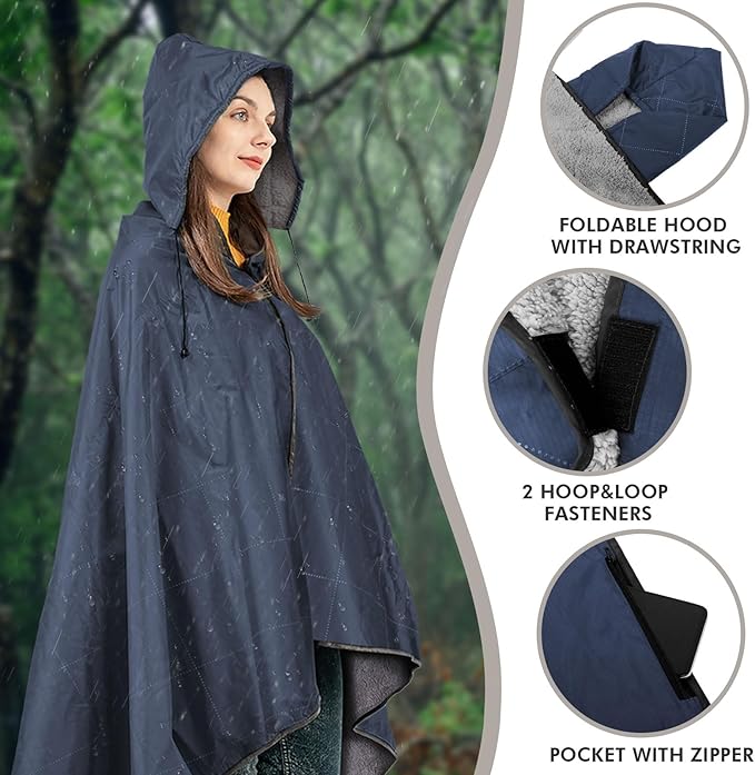DUKUSEEK Outdoors Waterproof Throw Blanket with Hood 79”x 59” Sherpa Fleece Stadium Windproof Blankets for Boat Traveling Camping Football Dogs Outdoor Sporting Events-Machine Washable