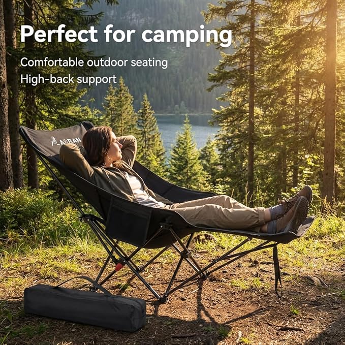 Orlan Outdoor Folding Chair Convertible for Sitting and Lying with FootrestBlack Two-Piece Set 140kg Load Capacity No Assembly Required One-Second Open/Close Portable and Easy to Store