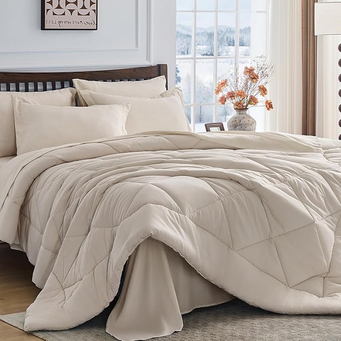 HEVUMYI Beige Tan Twin Comforter Set - 5-Piece All Season Bed in a Bag Twin Ultra Soft Bedding Set with Comforter Flat Sheet Fitted Sheet Pillowcases Pillow Shams Beige Tan