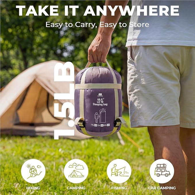 Ultralight Warm Weather Sleeping Bag - Portable Waterproof Compact Lightweight Comfort with Compression Sack - Great for Outdoor Camping Backpacking &amp Hiking