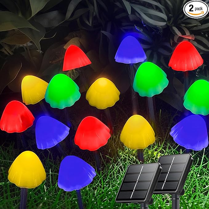 OZS 2PK 32LED 55FT Mushroom Solar Garden Lights Outdoor Solar String Lights Waterproof with 8 Lighting Modes Solar Garden Decor for Outside Pathway Light for Yard Decoration (Multicolor)