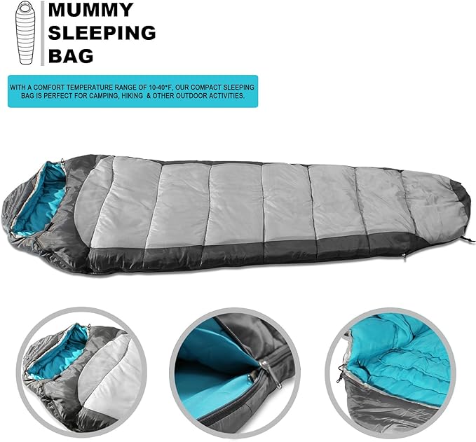 KHOMO GEAR Sleeping Bag Mummy Style - 3 Season - Camping &amp Outdoors - Grey