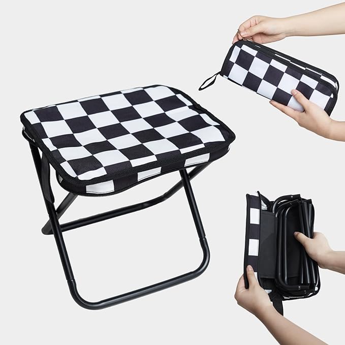 Collapsible Stool Camping Folding Stools: 1.1lbs Lightweight Portable Foot Stool Load 300lbs - 10.5 Inch Camping Chair Fishing Hiking Gardening Beach BBQ with Carry Bag Easy Transport (Black &amp Whi