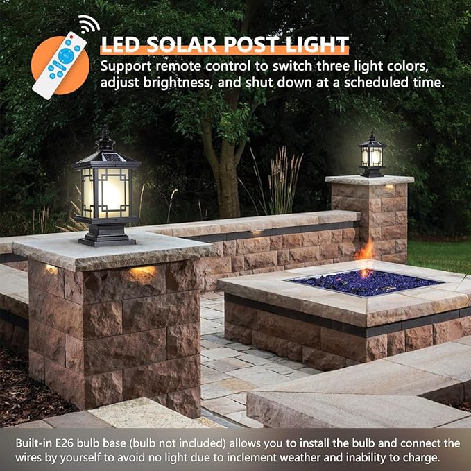 LED Solar Post Light Outdoor Aluminum Fence Post Cap Lamp Remote Control Dimmable Pillar Lights Solar IP65 Waterproof Column Light 15.7 X 7.3 Pillar Pedestal Lantern for Garden Yard