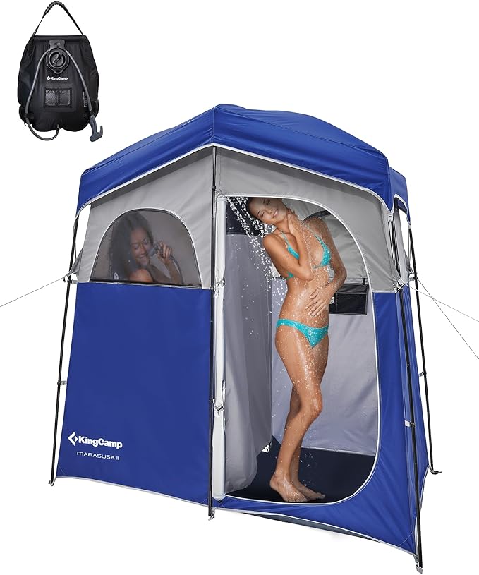 KingCamp Camping Shower Tent Portable Outdoor Privacy Toilet &amp Changing Tent Windproof &amp Waterproof Easy Setup 1 or 2 Room Shelter with Shower Bag for Camping Hiking Beach