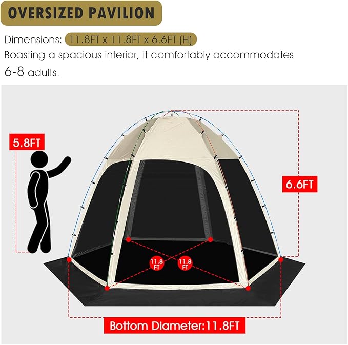 Screen Tent with Removable Floor Siebwin Large 11.8'x11.8' Gazebos with Mosquito Netting and Removable Floor Sunproof Outdoor Canopy Tent for Backyard Khaki Party Outside Activities Khaki