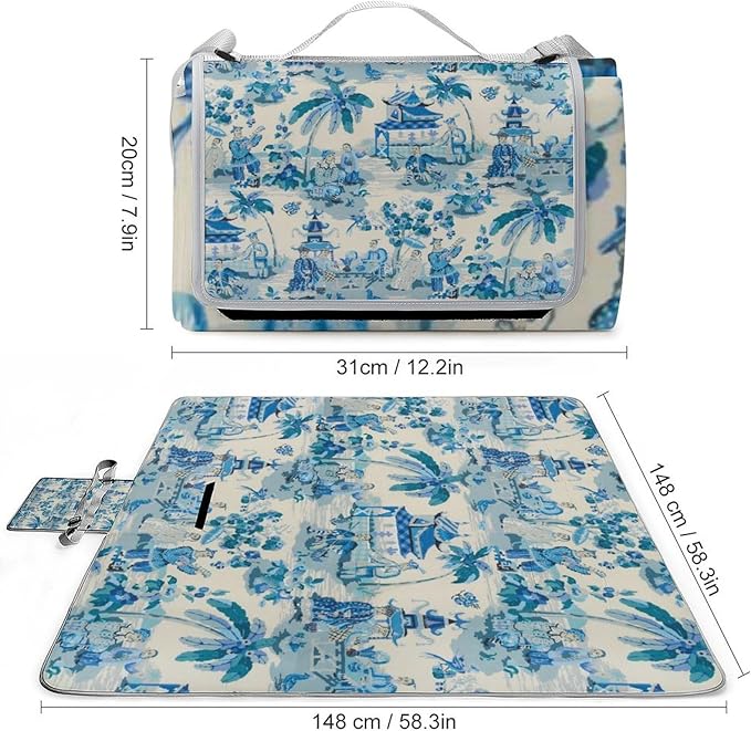 Chinese Style Powder Chinoiserie Blue and White Waterproof Outdoor Picnic Blanket Sandproof Beach Mat for Camping Hiking Grass Travelling