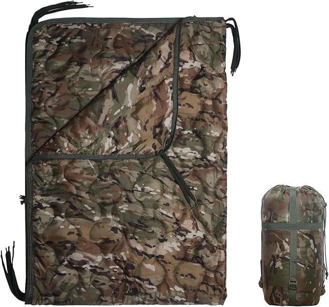 Camo Poncho Liner Army Blanket Military Sleeping Bag with A Compression Carrying Bag for Traveling Hiking Camping Outdoor Survival Car Blanket