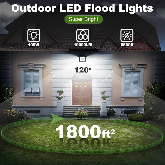 2 Pack 100W LED Flood Light Outdoor10000LM Work Spotlight with US Plug6000K Daylight WhiteIP66 Waterproof Exterior Security Floodlights for YardGardenBackyardPatioStadiumParking Lot