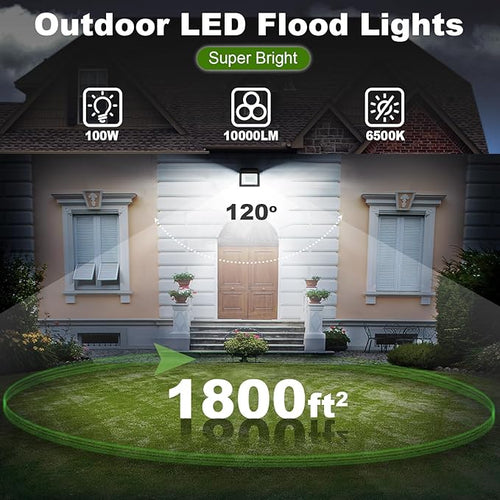 2 Pack 100W LED Flood Light Outdoor10000LM Work Spotlight with US Plug6000K Daylight WhiteIP66 Waterproof Exterior Security Floodlights for YardGardenBackyardPatioStadiumParking Lot