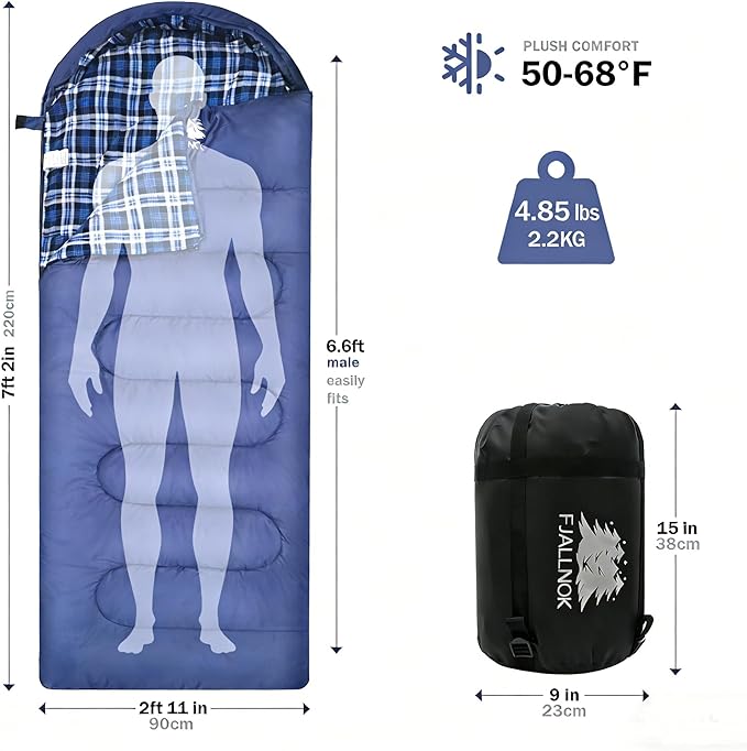 100% Cotton Flannel Sleeping Bag for Adults Big&ampTall Size Backpacking Lightweight Waterproof for Girls Boys Mens Teen for Camping Hiking Outdoor Travel with Compression Bags