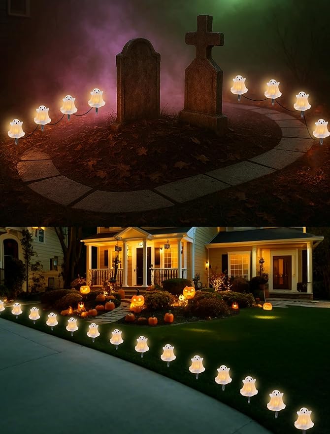Halloween Pathway Lights Outdoor Decorations 4PCS 3D Light-Up Ghost Garden Stake Lights Waterproof Outdoor Lights for Yard Lawn Driveway Halloween Decor