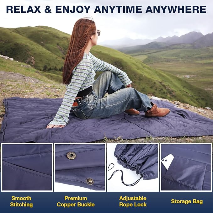 DUKUSEEK Outdoor Wearable Camping Blanket with Hood Large Packable Backpacking Hooded Stadium Blankets Lightweight Warm Quilt for Picnic Hiking Football 79X56
