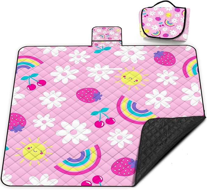 Poedist Large Waterproof Picnic Blanket 80 x 80 Set of Two Picnic Mats Pink Flowers and Flag