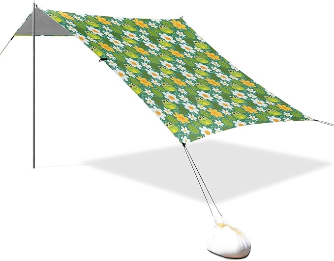 Camping Sun Shelters Cute Frog Flower with Leaf Background Beach Canopy 126 * 110.2in