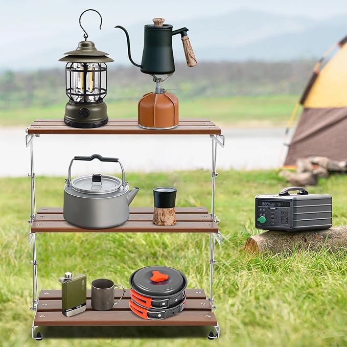 Camping Rack 3-Tier Camping Folding Storage Rack Organizer with Carry Bag Retro Rectangular Camping Dish Rack Shelf for Barbecues Camping Hiking Parties Walnut Load 10kg/22.05lbs
